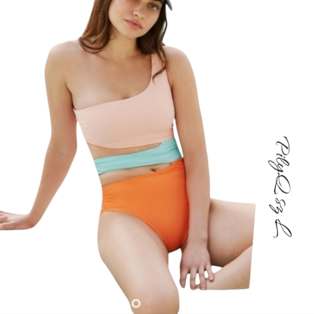 PQ Swim PilyQ One-Shoulder Cutout One-Piece Swimsuit Color Block Sz L NWT